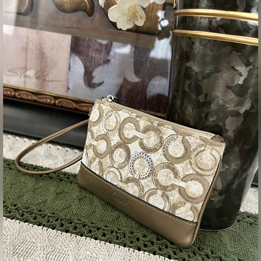 Coach Beige Signature Logo Wristlet with Metallic Accents - Picture 6 of 15